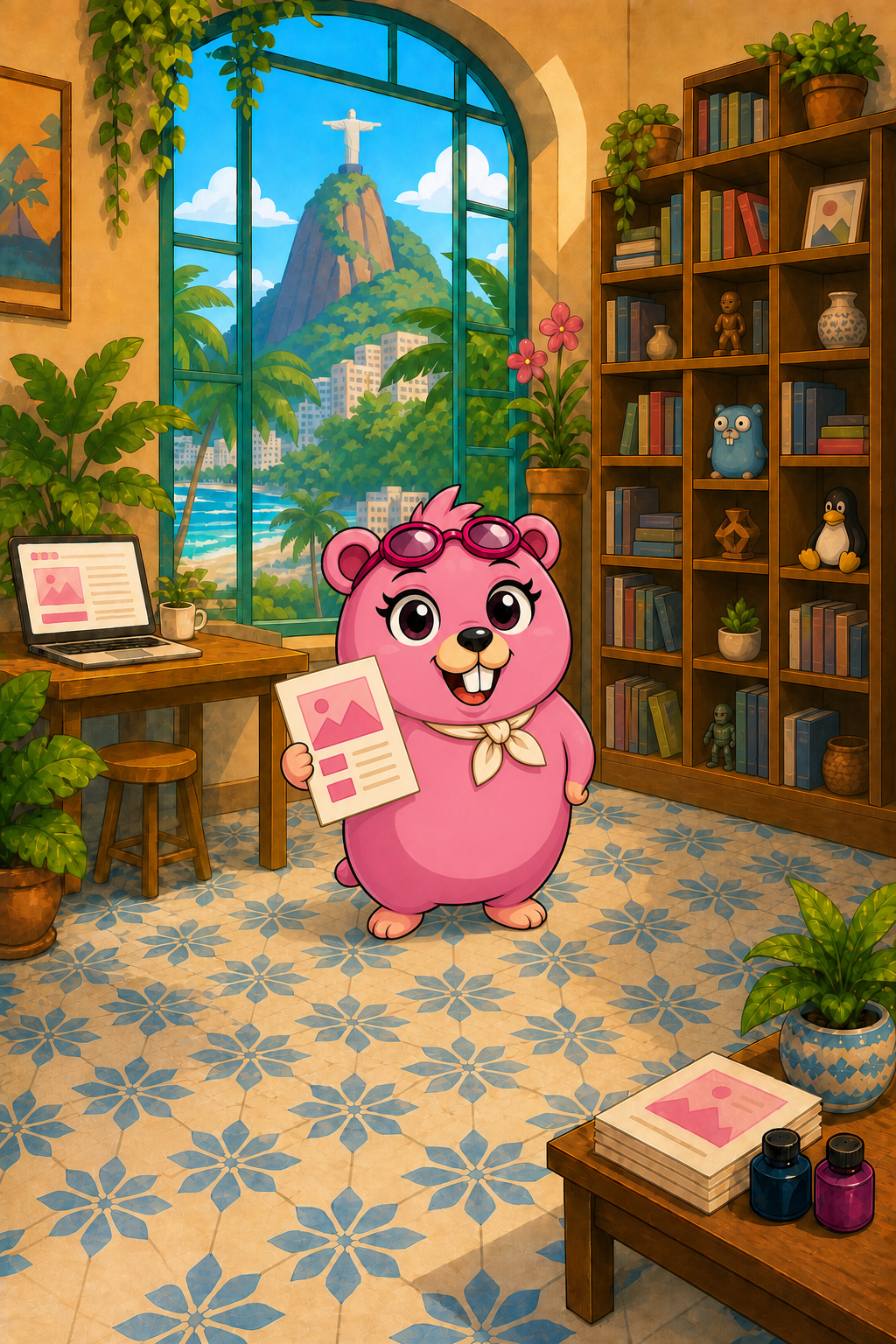 Margo mascot preparing a document